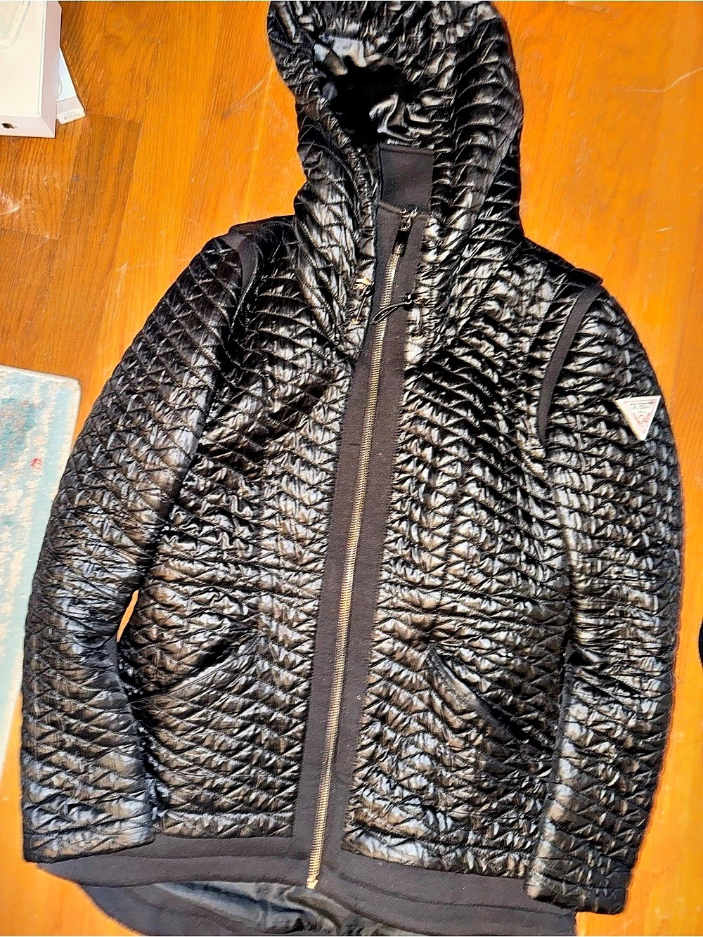 Guess Hooded Puffer Jacket Black Quilted Puffer scuba compression slim for fitti